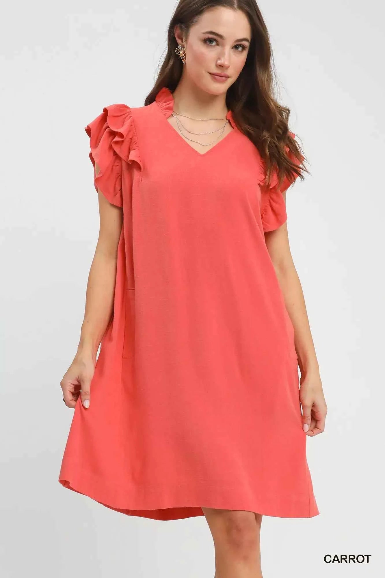 Umgee Linen Flutter Sleeve Shift Dress with Pockets CARROT 87f8106e-51b6-4f3e-9733-473173d71e68-Max-Origin