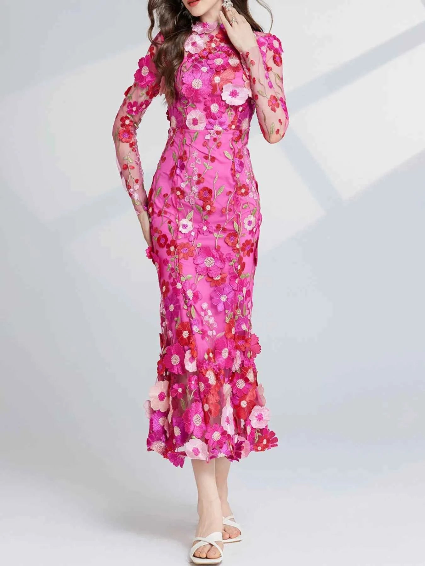 Floral Embroidered Mesh Long Sleeve Midi Dress Rose Red 87f9afbe-5945-4ce2-80c3-3c4ab71a71a8-Max-Origin