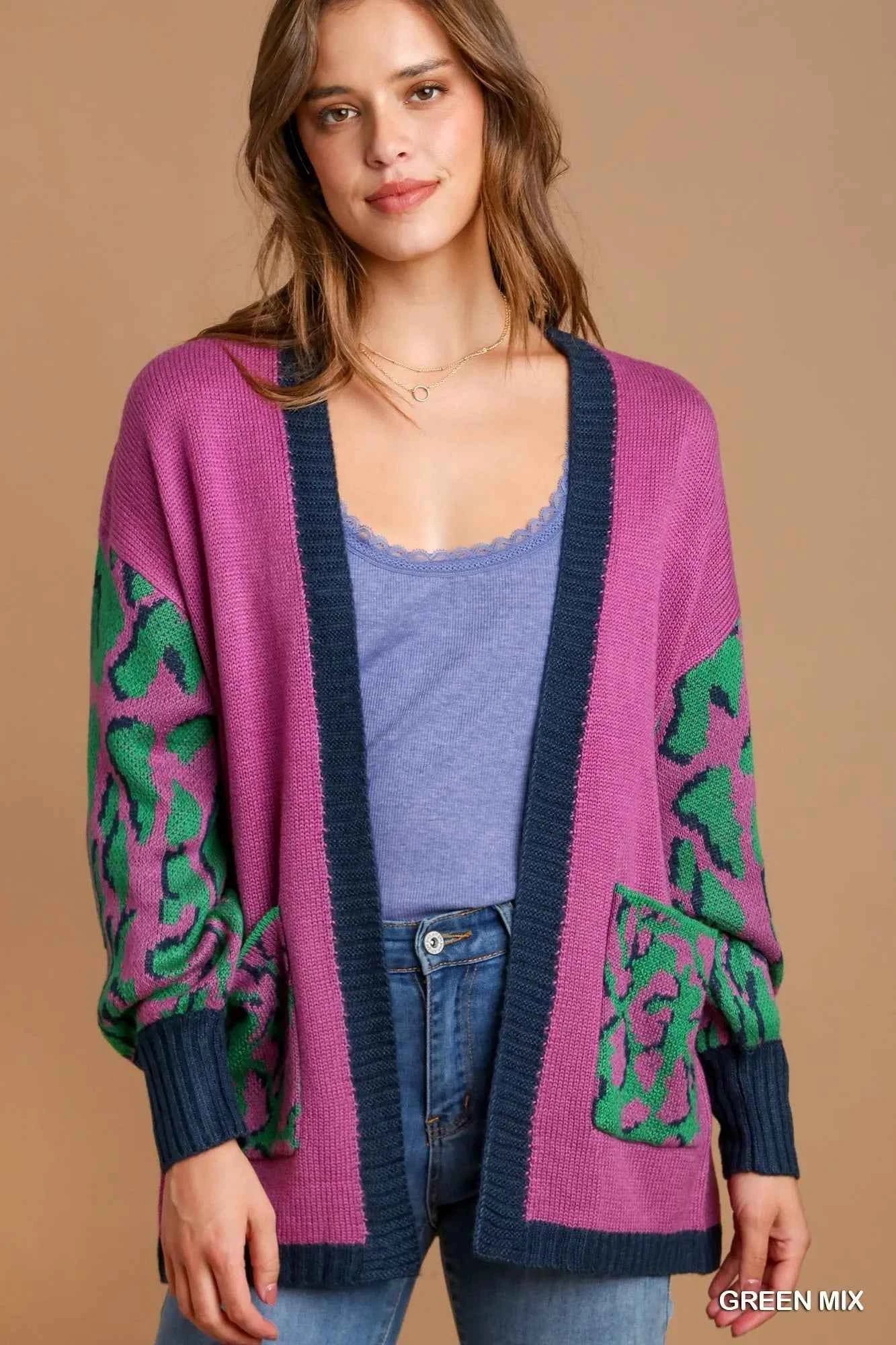 Umgee Animal Print Open Front Sweater Cardigan GREEN MIX 87faf18a-9f62-45bf-9a60-62d5df0468c0-Max-Origin