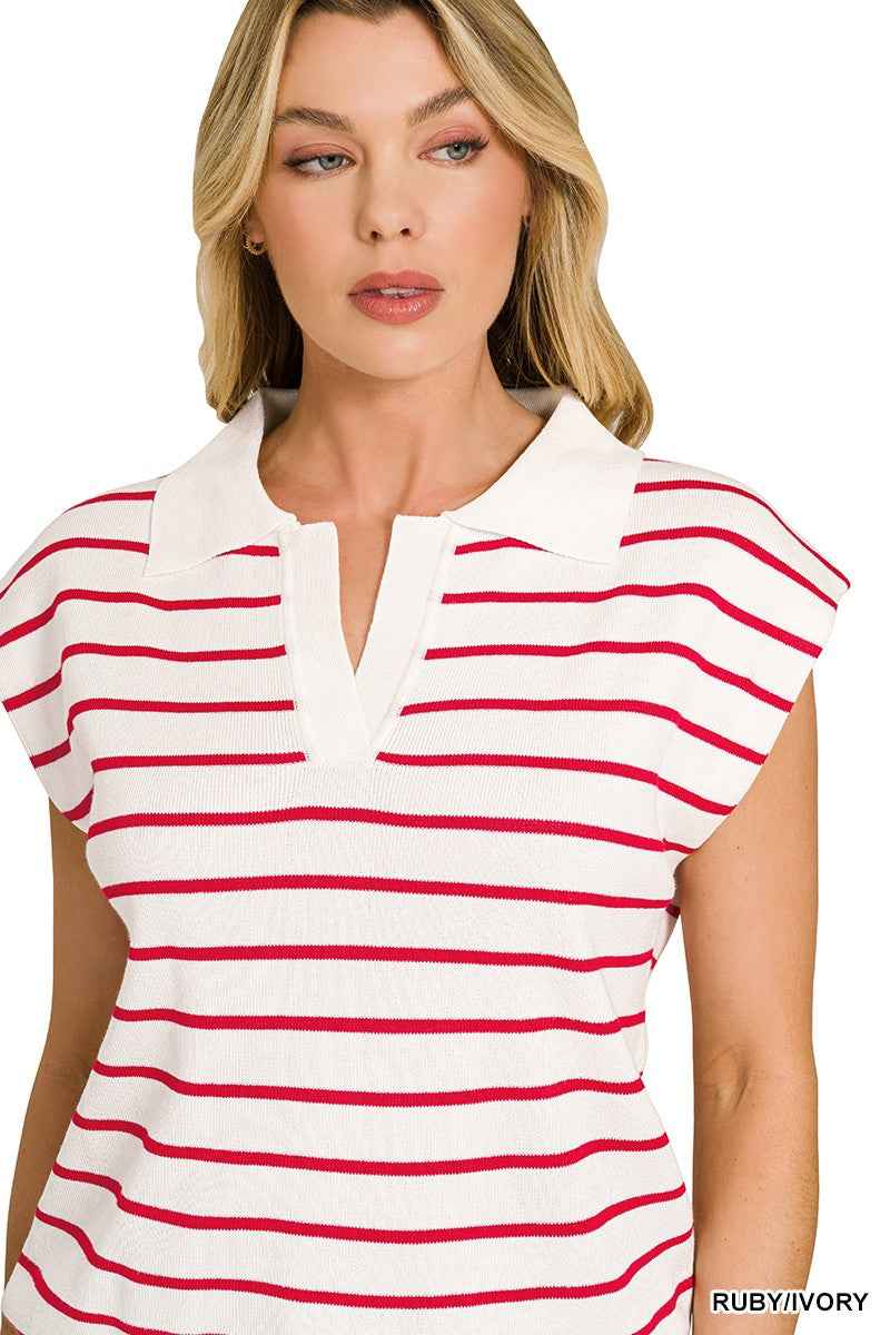 Zenana Viscose Striped Collared Sweater Vest 8800fd6eabed4220ae0fb892c2f1a62a-Max