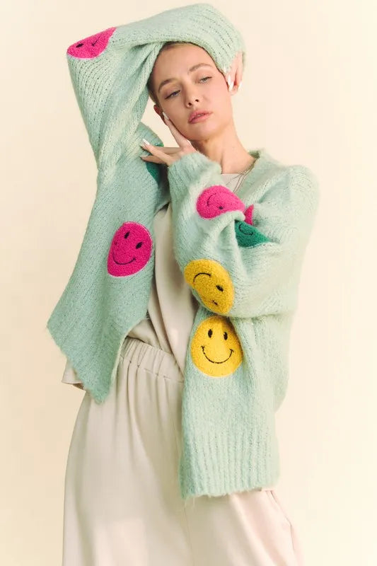 Davi & Dani Fuzzy Smile Open Front Long Sleeve Cardigan 88085099-e0a1-4ab7-93cf-869559bfc1f5-Max
