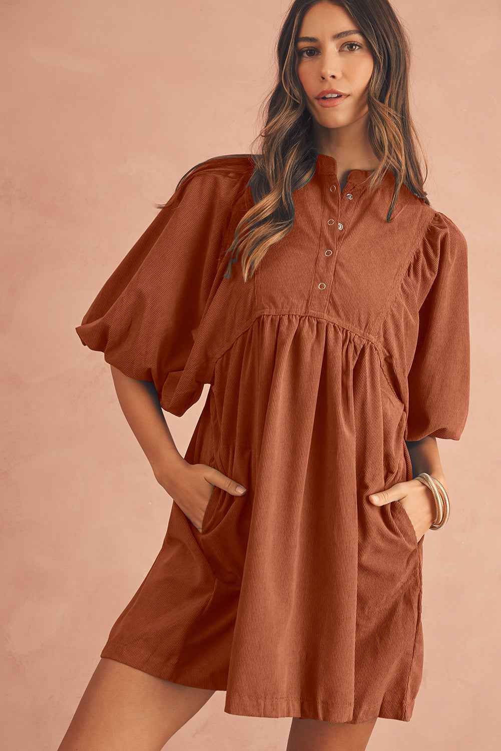 Gold Flame Light Snap Button Empire Waist Lantern Sleeve Corduroy Dress 880b2ef0e92b25e8