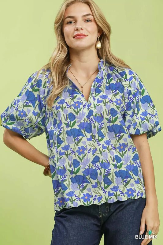 Floral Puff Sleeve Blouse with Scalloped Details BLUE MIX 880bd6e5-a987-4e14-ab3e-52ca46c663ae-Max-Origin