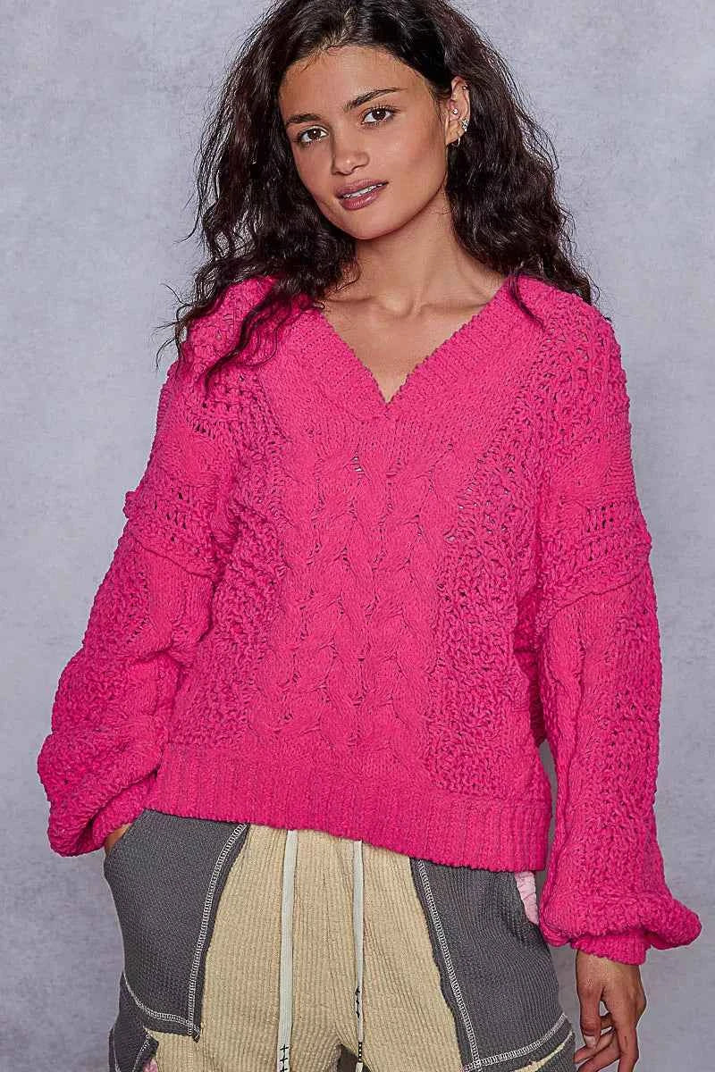POL Cable-Knit Solid V-Neck Cropped Sweater 88128b26-5469-4e0f-a1e3-fa1f68009cdb-Max-Origin