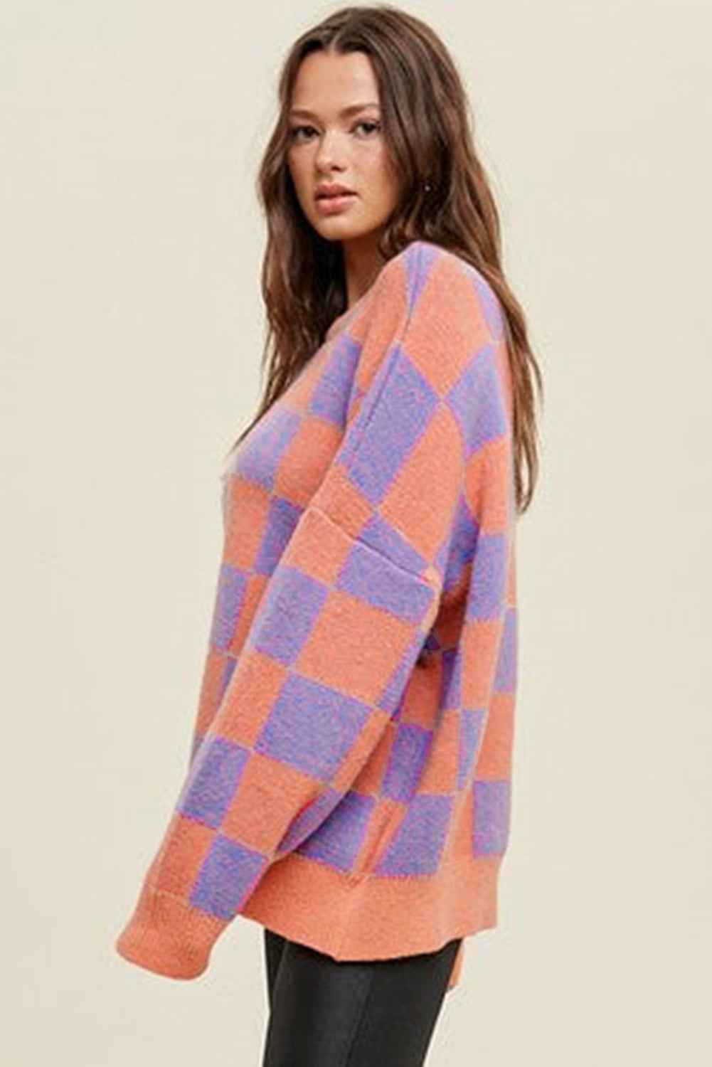 Parchment Checkered Pattern Ribbed Trim Knit Baggy Sweater 8819d0b4b328c012