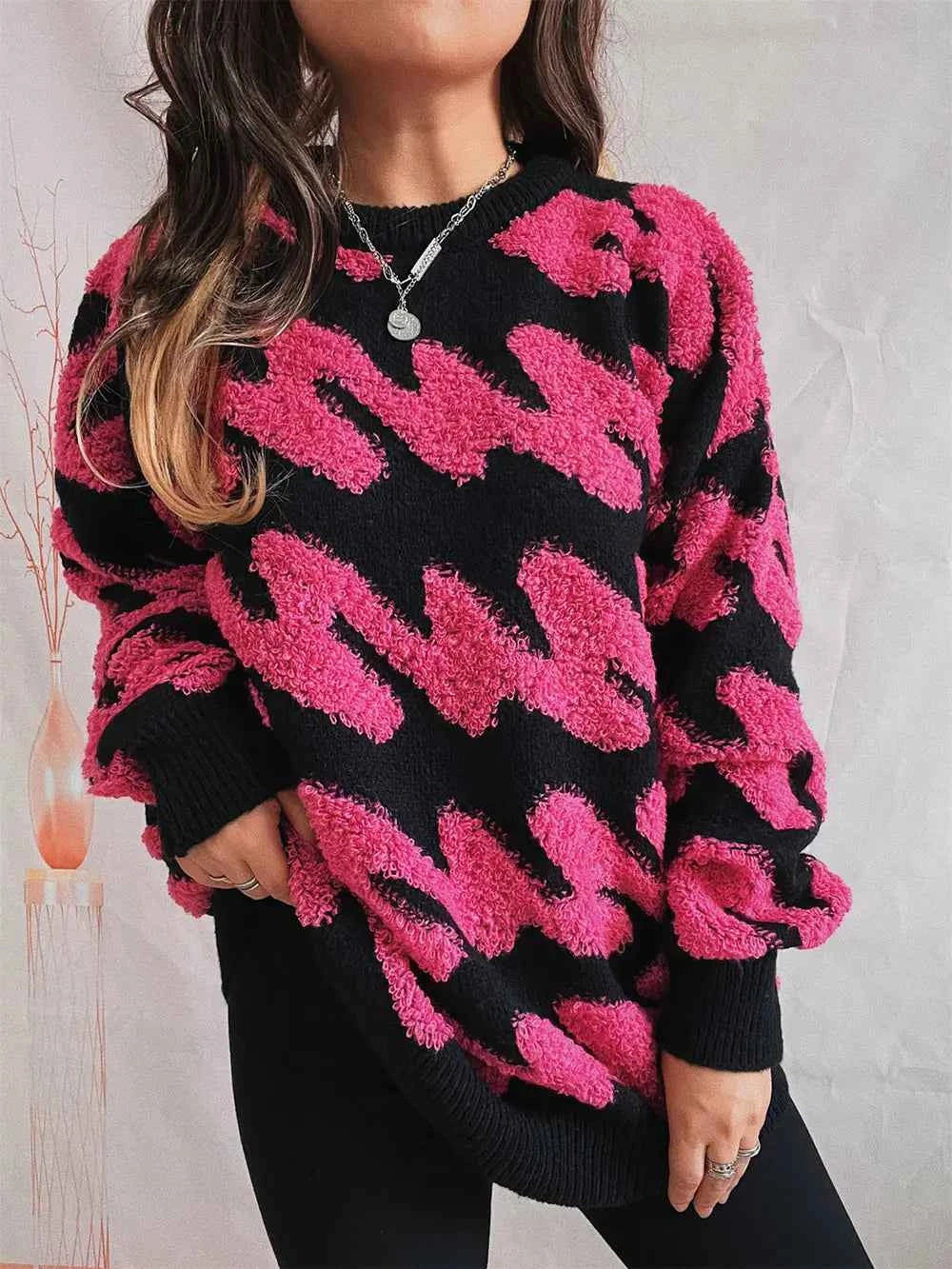Ribbed Striped Dropped Shoulder Sweater Hot Pink 882342e213ec4356876941fda9ec560f-Max