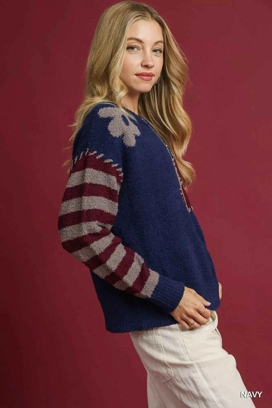 Umgee Flower Jacquard Striped Long Sleeve Sweater 8823b9cd-cfe4-4914-b4fd-53c5db160c61-Max-Origin