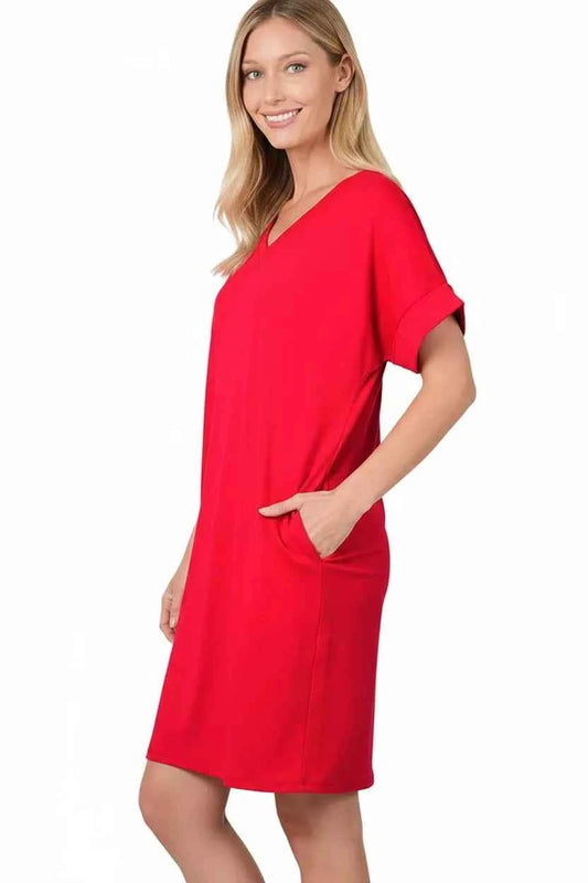 Brushed Dty Rolled Short Sleeve V-Neck Dress 882747d3-28e5-4c2c-89ca-266331e4e3a2-Max-Origin