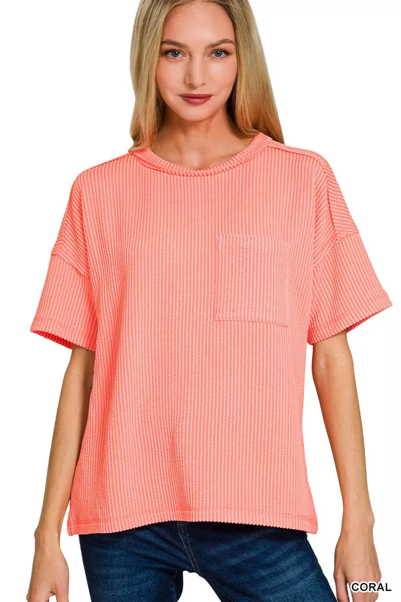 Zenana Raised Rib Exposed Seam Short Sleeve Top CORAL 8828e4b052f247cc86ce65d85984a609-Max-Origin