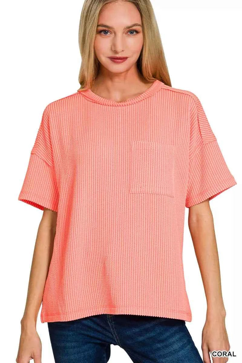 Zenana Raised Rib Exposed Seam Short Sleeve Top CORAL 8828e4b052f247cc86ce65d85984a609-Max-Origin
