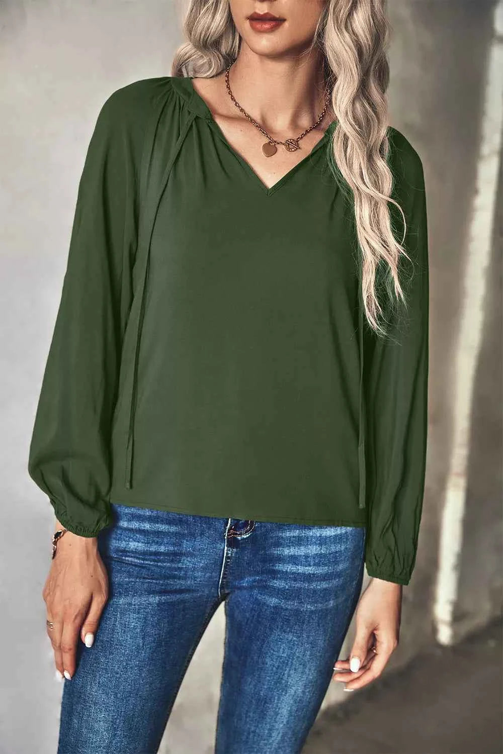 Tie Neck Long Sleeve Blouse Army Green 8829e193-0834-4ace-b056-2d9d72a5e110-Max-Origin