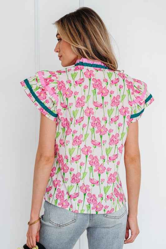 Floral Contrast V-Neck Ruffle Short Sleeve Blouse 882ab61f-0ccc-4acf-bfa2-5e30c89750d1