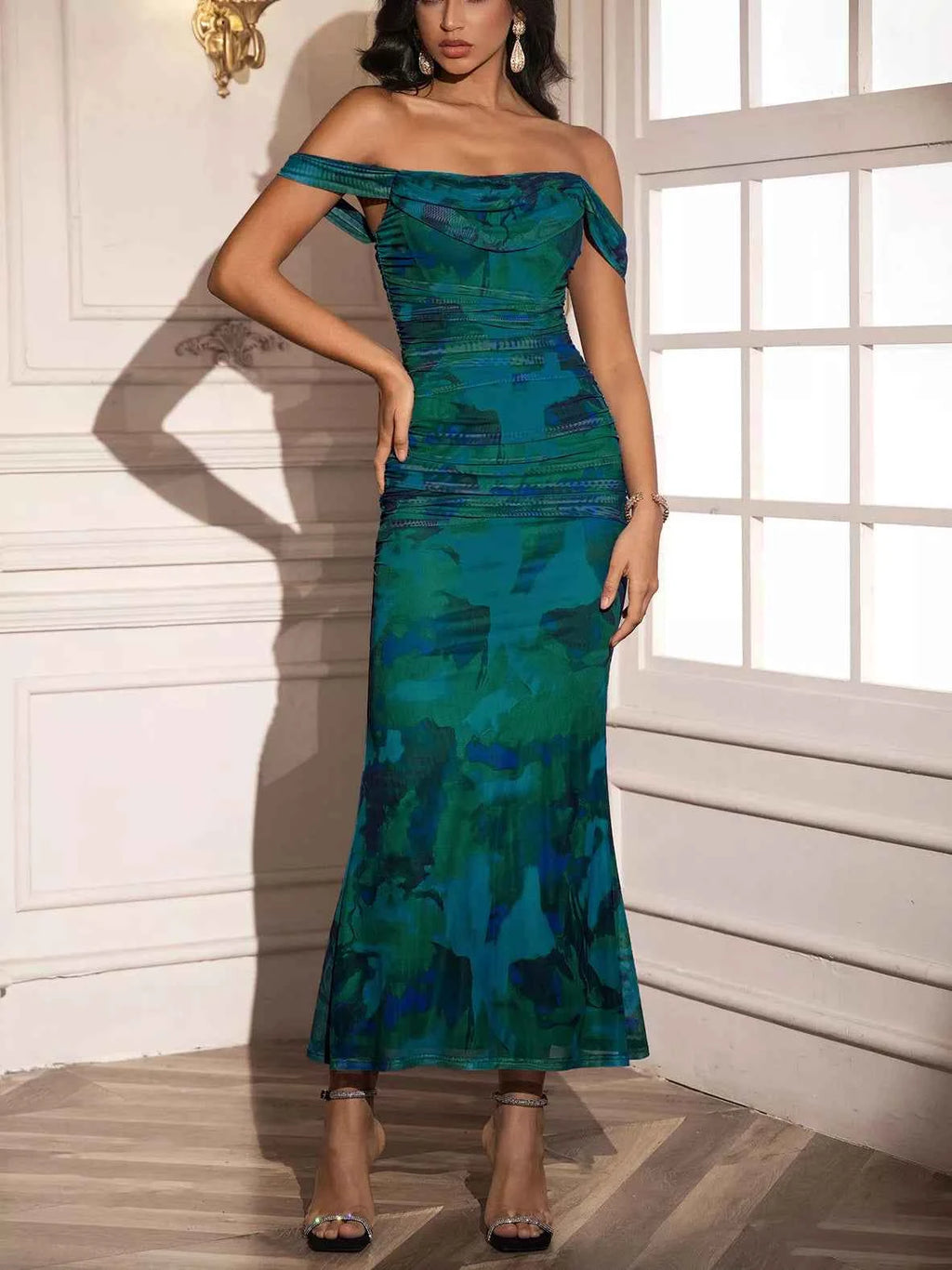 Off-Shoulder Ruched Floral Mermaid Dress 882b8acb-0c18-48cb-9127-ead442a20715-Max-Origin