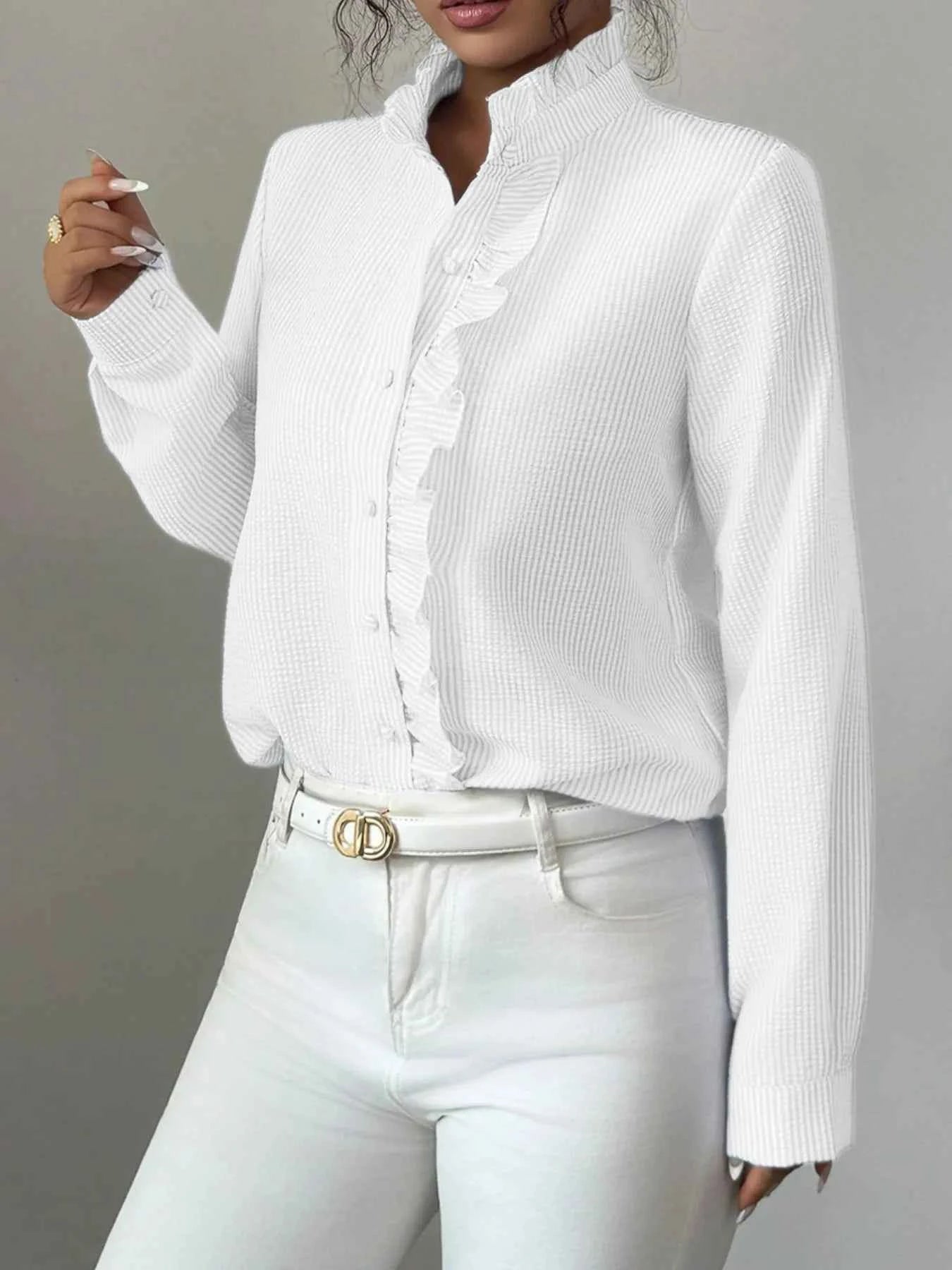 Ruffle Front Striped Button-Up Shirt 8830f9ce-d23d-4a39-b139-6bf80572ee5a-Max-Origin