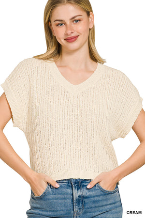 Textured Knit V-Neck Cropped Sweater CREAM 8830fdc7-44b1-445a-8630-969d91712977-Max
