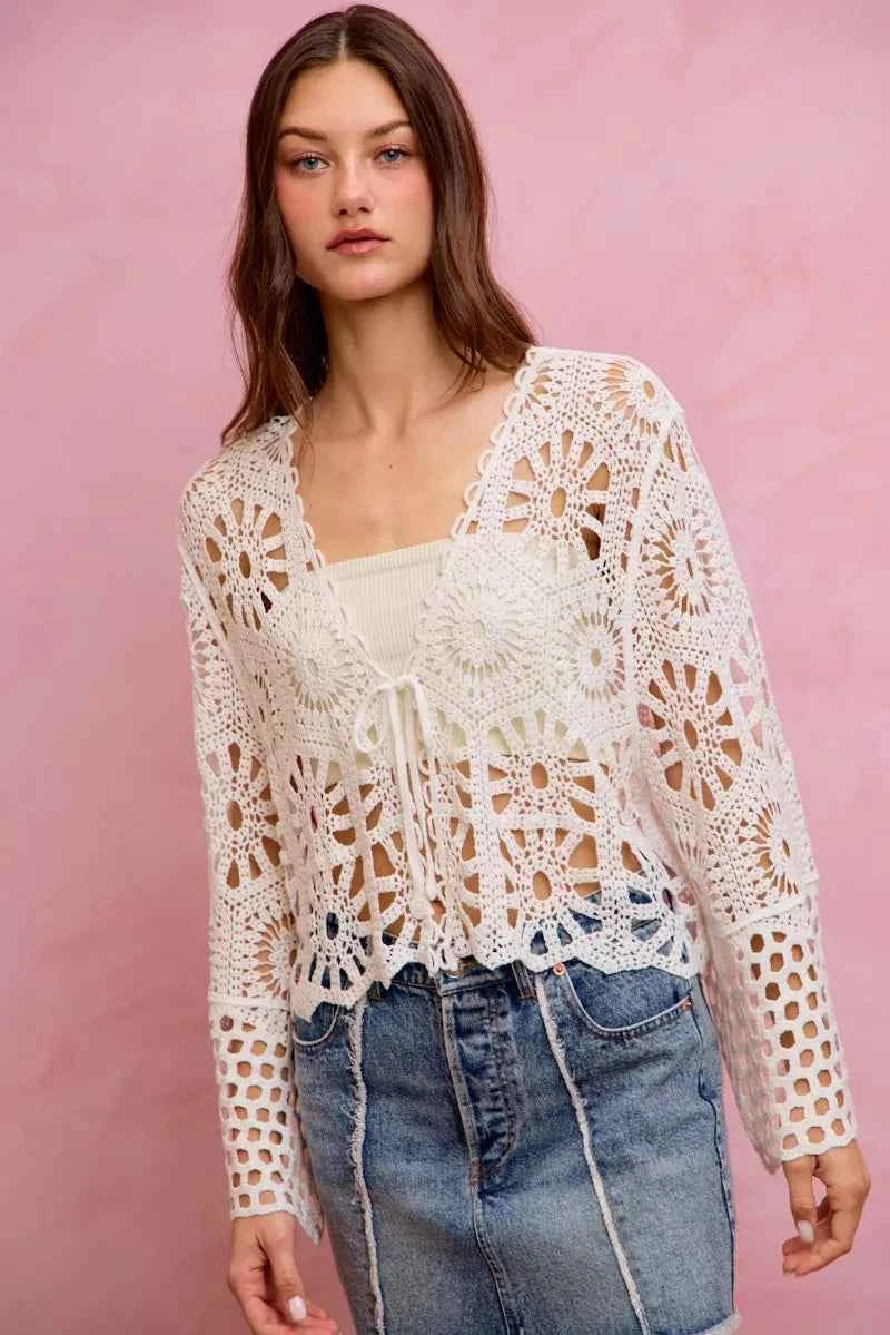 SO ME Floral Pattern Crochet Knit Tie Front Crop Cardigan 8832d30b954a435995e19ff88453d659-Max-Origin