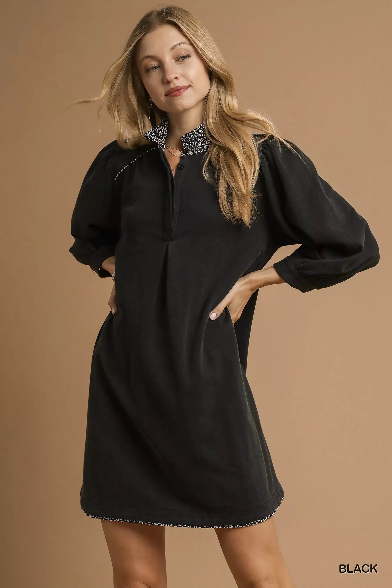 Umgee French Terry Balloon Sleeve Shift Dress with Leopard Print Detail Black 88364423-b1cd-4710-a12c-4ea653e11f3a-Max-Origin