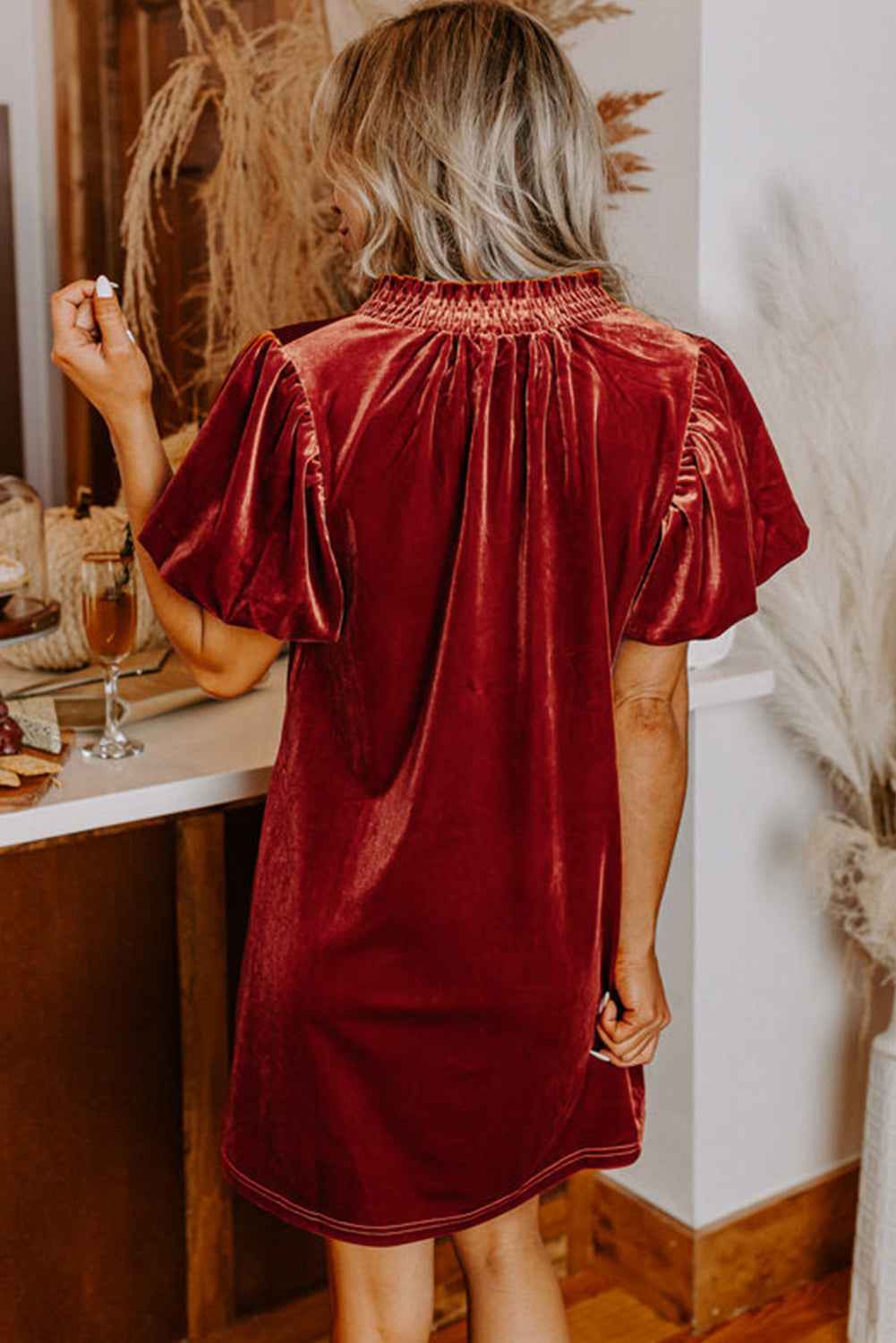 Cinnamon Velvet Smocked Neckline Puff Sleeve Shift Mini Dress 883e438cf529621c