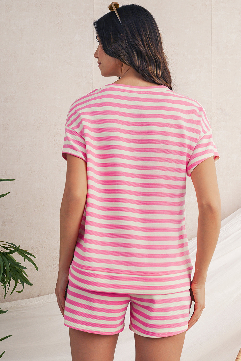 Rose Stripe Crew Neck T Shirt and Drawstring Shorts Set 88411beb918ff694