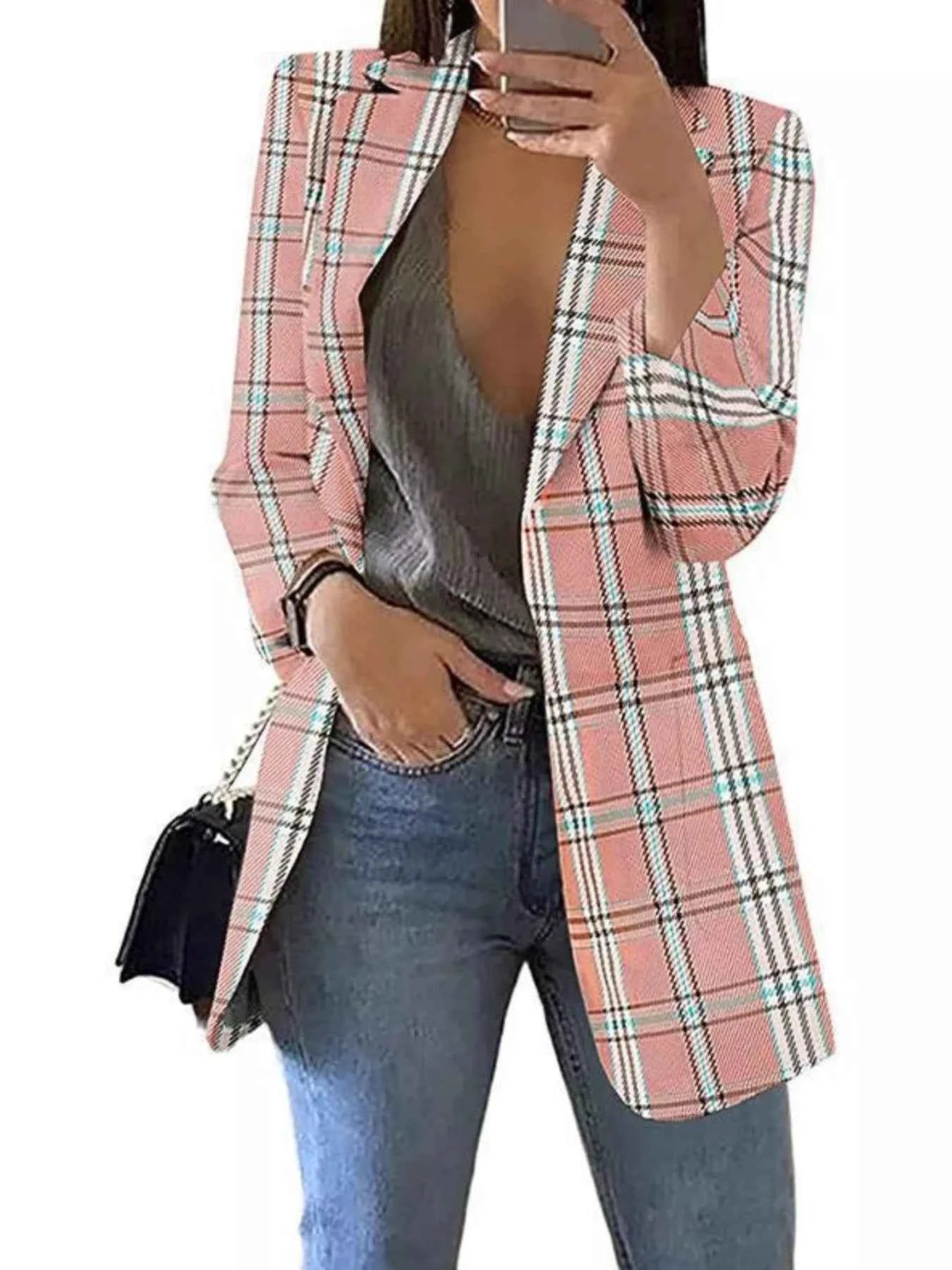 Plaid Lapel Collar Blazer Dusty Pink 884149fd-cb89-462f-8c16-c6130dfd66b0-Max-Origin