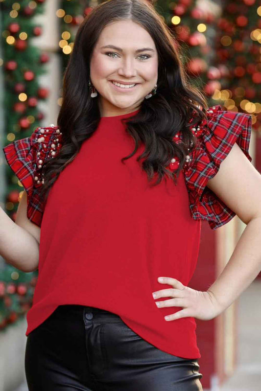 Racing Red Plaid Pearl Ruffled Sleeve Knitted Christmas Holiday Plus Size Top 884253908a3c744c