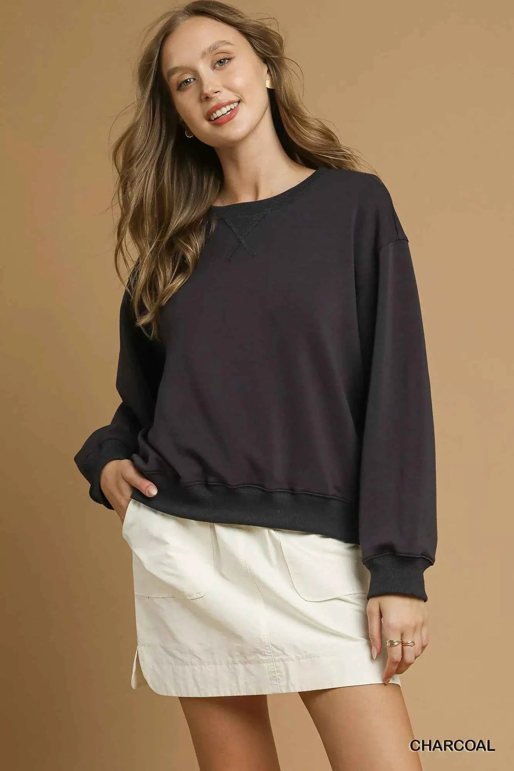 Umgee Round Neck Long Sleeve Fleece Sweatshirt CHARCOAL 8847db07-694f-4e03-9390-c99d6442253d-Max-Origin