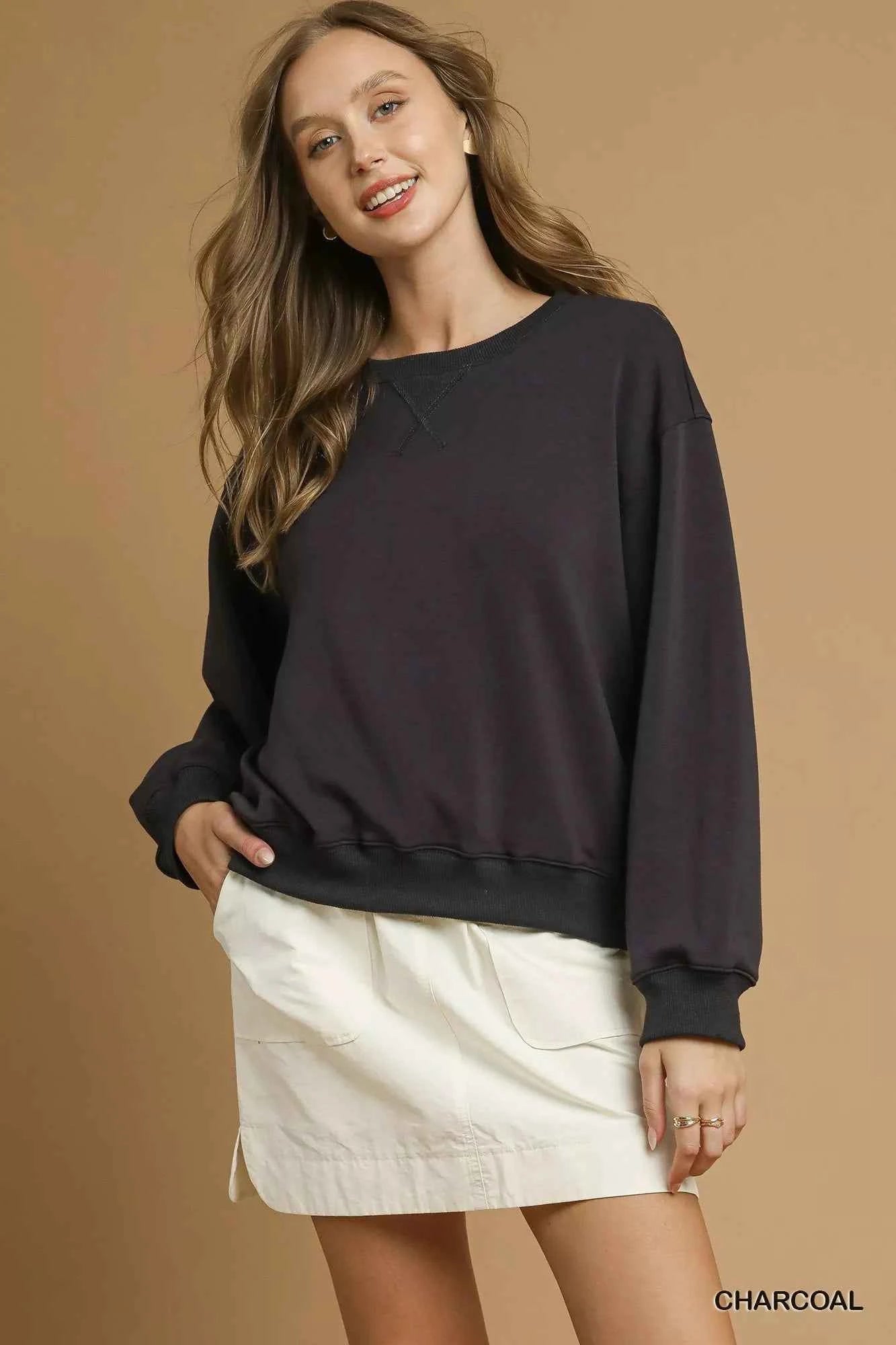 Umgee Round Neck Long Sleeve Fleece Sweatshirt CHARCOAL 8847db07-694f-4e03-9390-c99d6442253d-Max-Origin