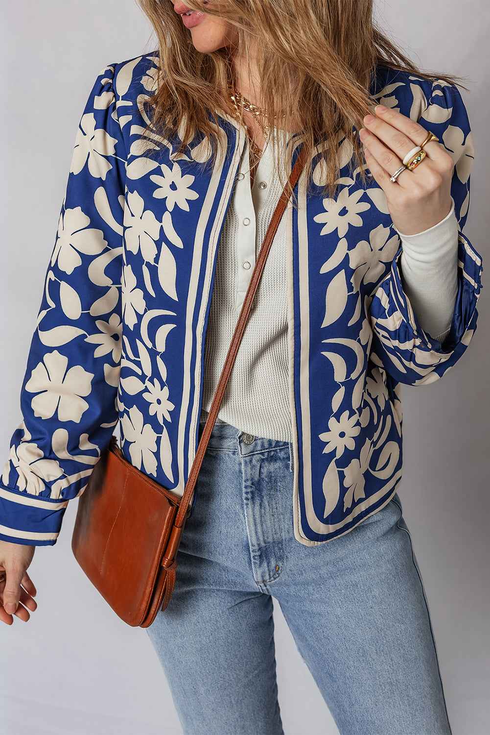Blue Flower Print Open Front Buttoned Cuffs Jacket 884c85a10f8d5ffc