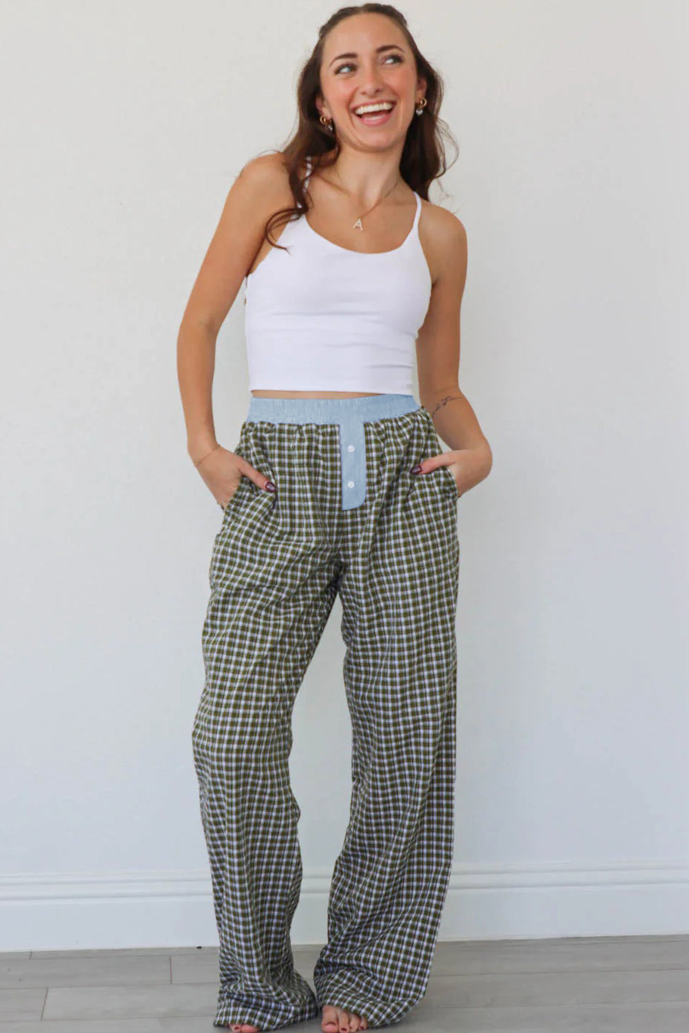 Brown Plaid Button High Waist Patchwork Pants 884eddb1fad7d2fb