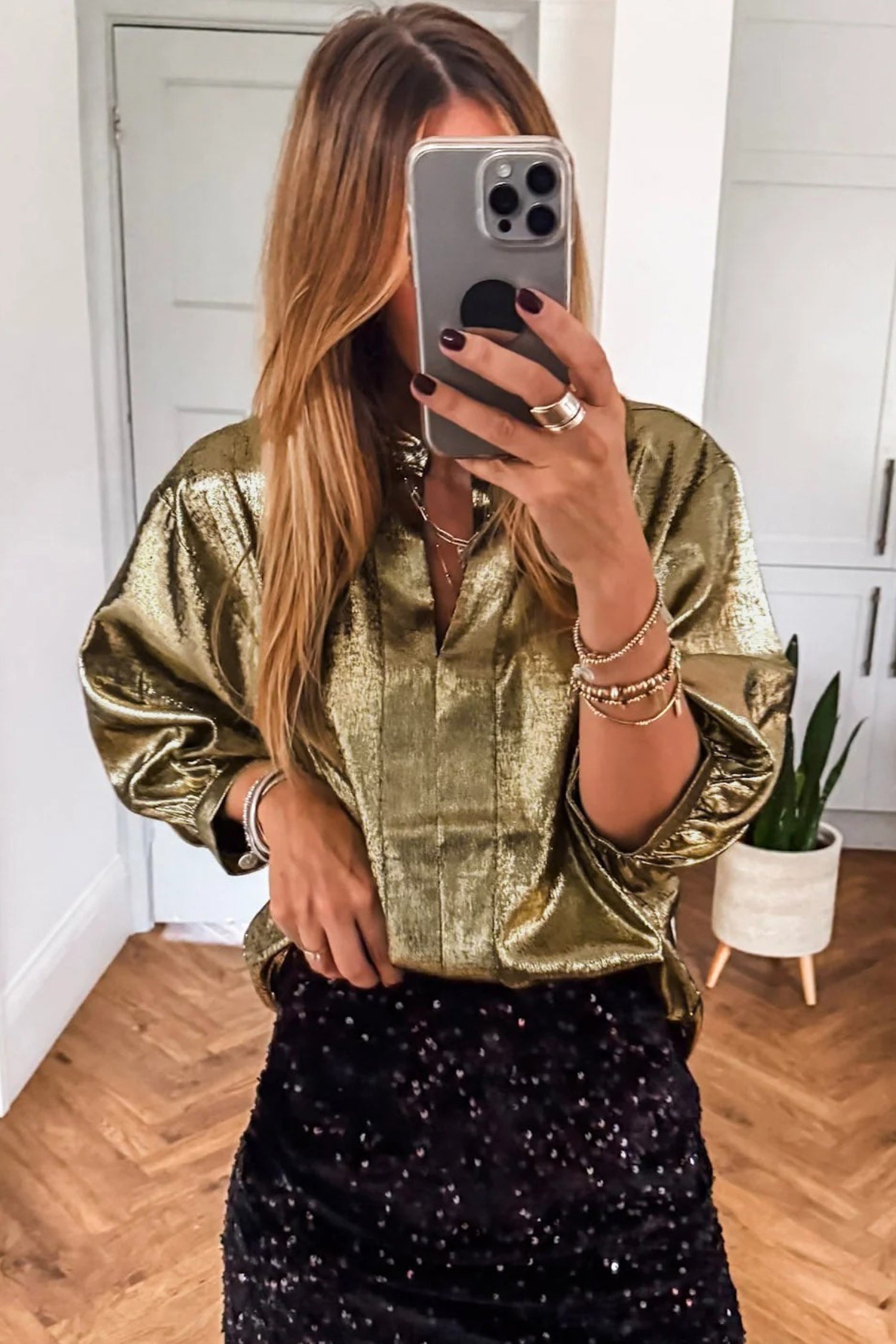 Gold Metallic Split Neck Half Sleeve Blouse 88599d95c1e46885