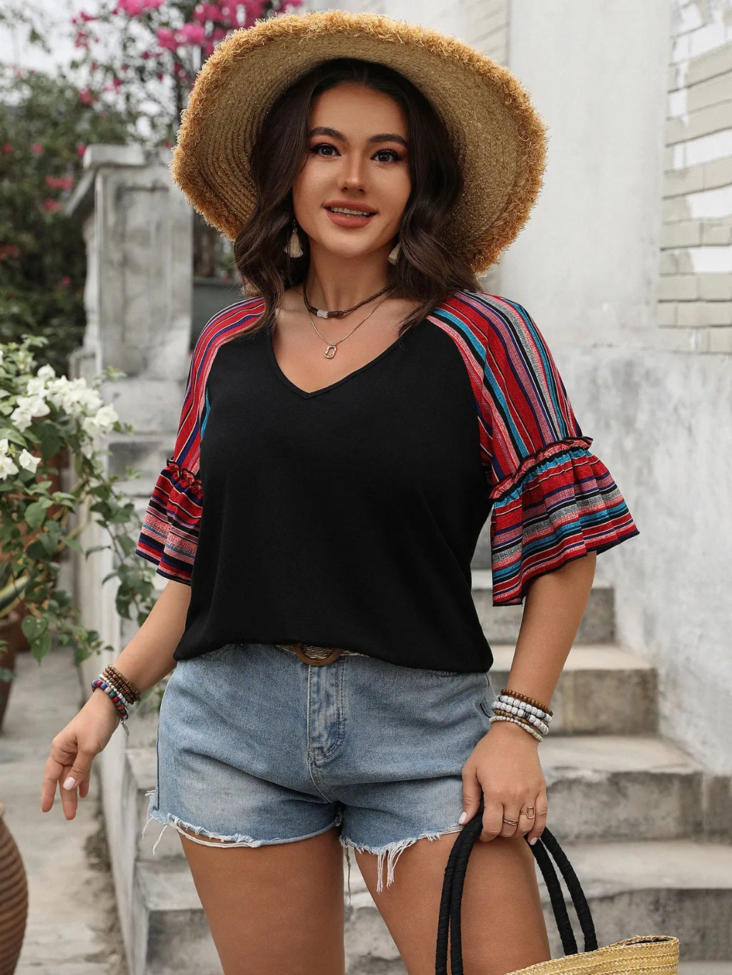 Plus Size V-Neck Flounce Sleeve Top 885faa12-c9c0-469a-bdce-1bd6942c0770-Max-Origin