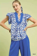 Umgee Abstract Print Short Sleeve Blouse BLUE 88645f4c-8c86-4373-9ec5-d18b7366037b-Max-Origin
