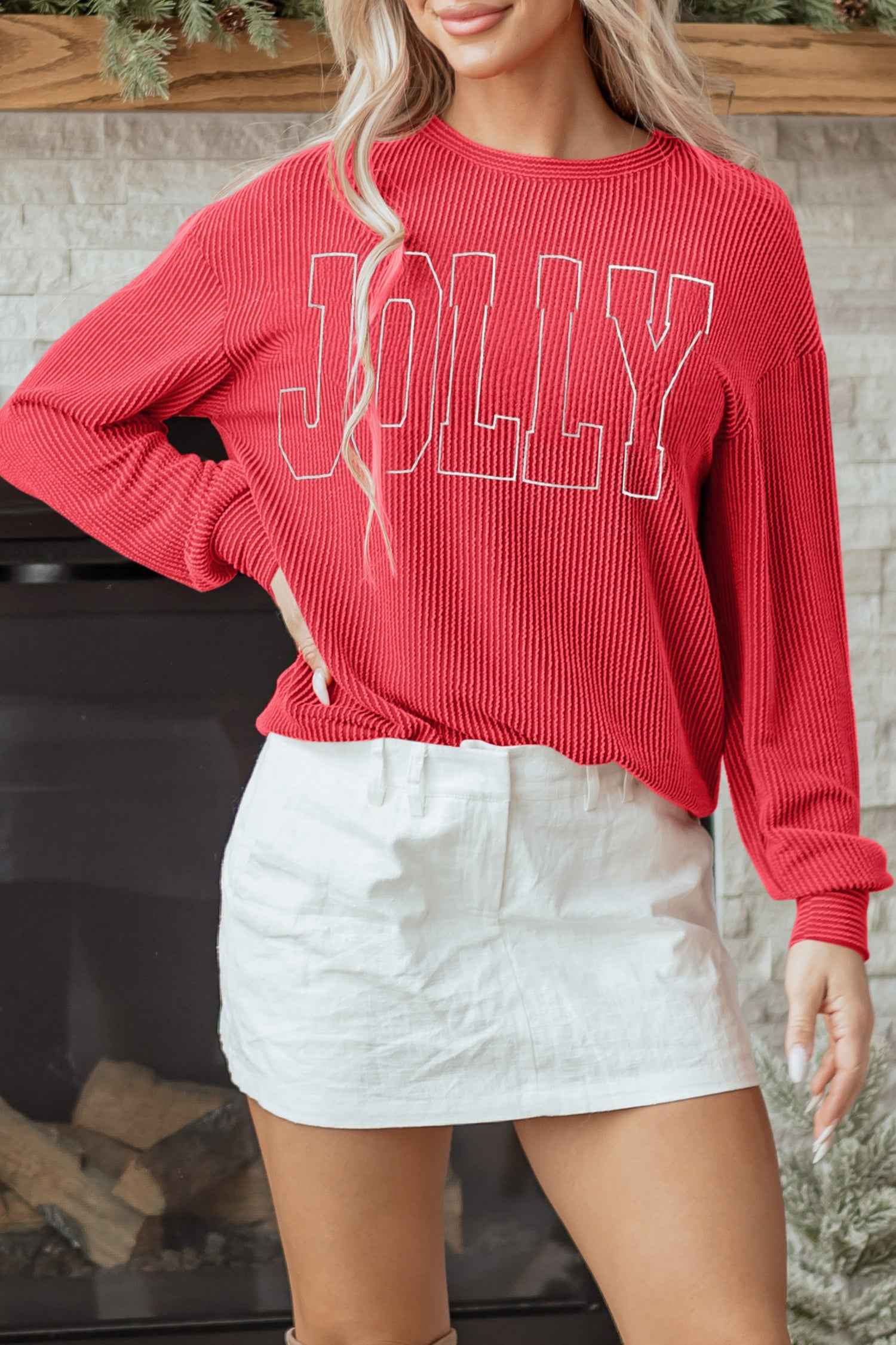 Racing Red Twisted Rib Outlined Merry Letter Graphic Loose Long Sleeve Top 886818591e80bdd6