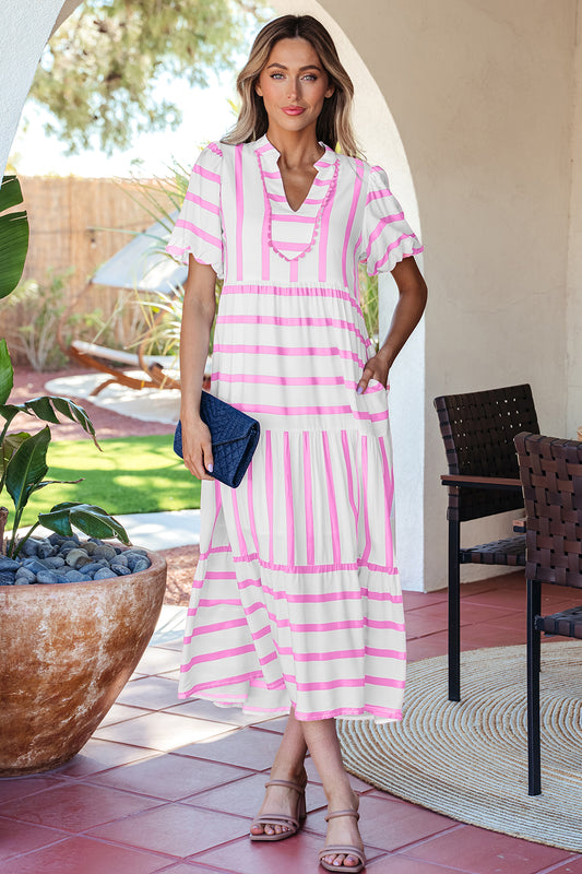 Pink Stripe Ricrac Trim Notched Neck Half Sleeve Vacation Dress 886c14c47856513c
