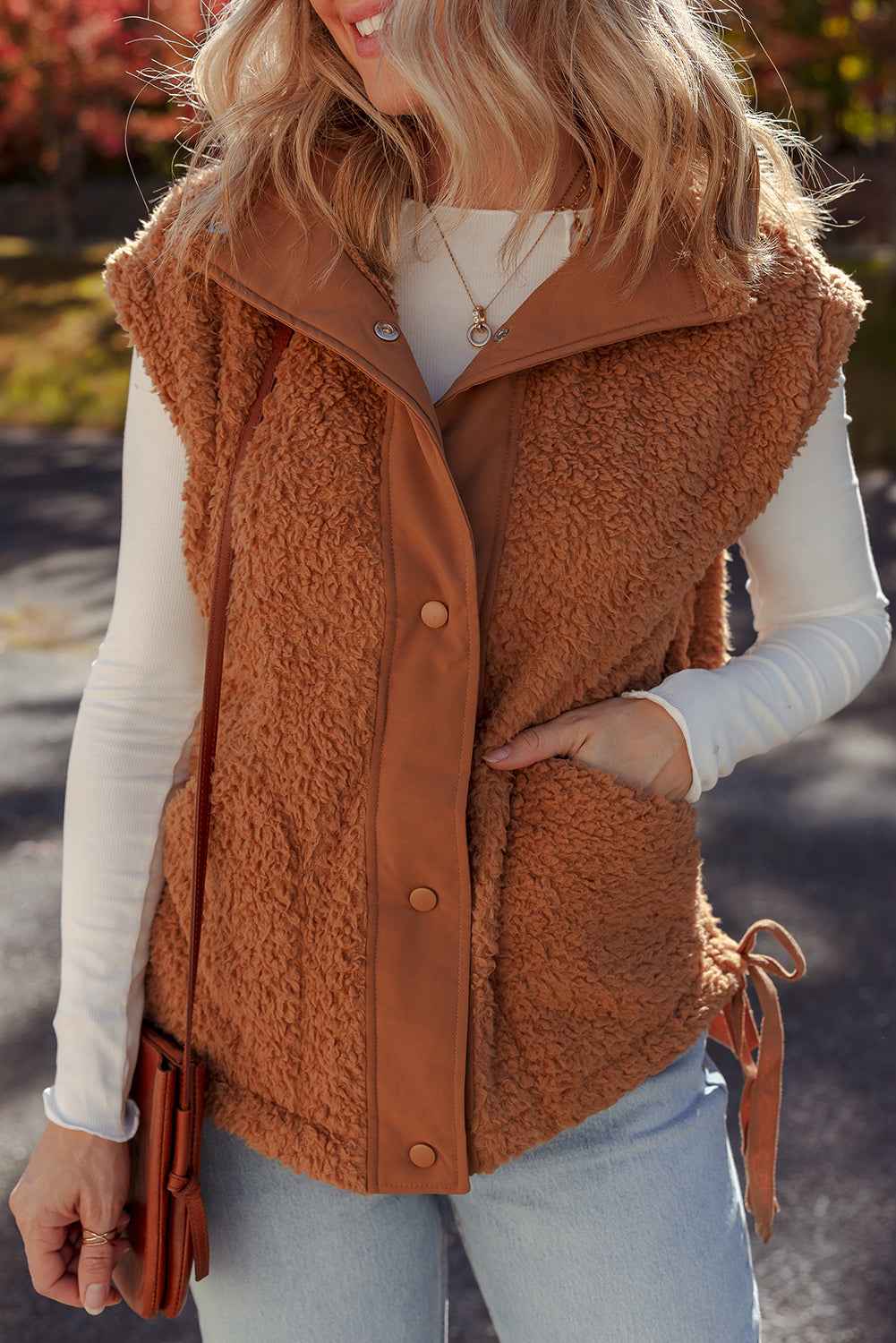 Beige Faux Fur Snap Button Front Knot Side Plush Vest Cinnamon 100%Polyester 886df45a2a8e88c8