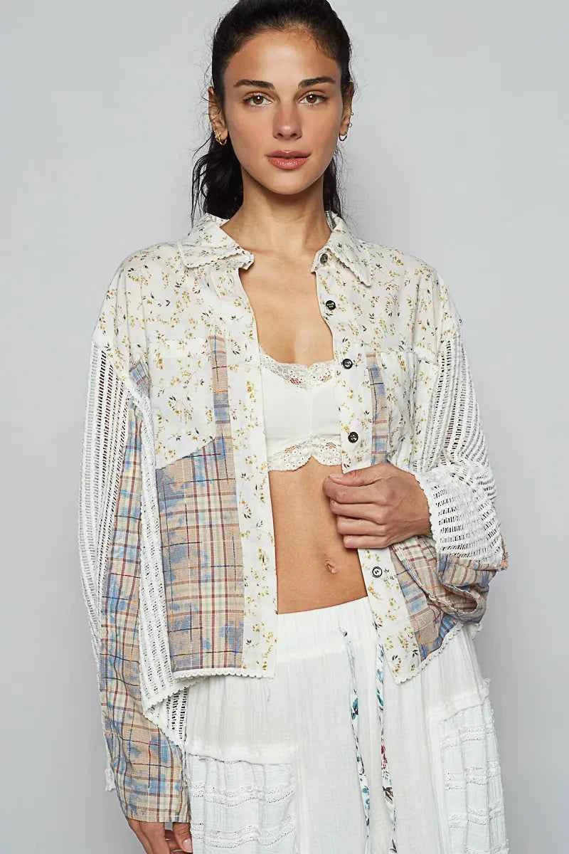 POL Floral Slit Back Plaid Patchwork Shirt Ivory 8870ba4e-962c-453b-82f9-595ca6dc6fd6-Max-Origin