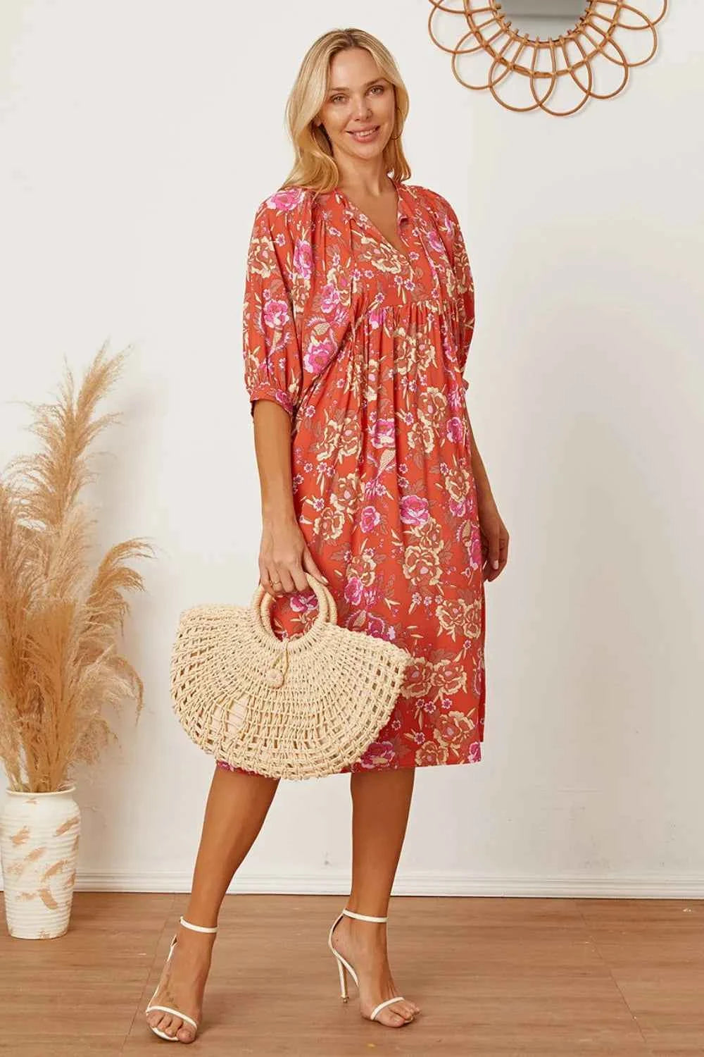 Floral Tie Neck Half Sleeve Dress 88727359-eddf-4a45-9b17-082229ac6932-Max