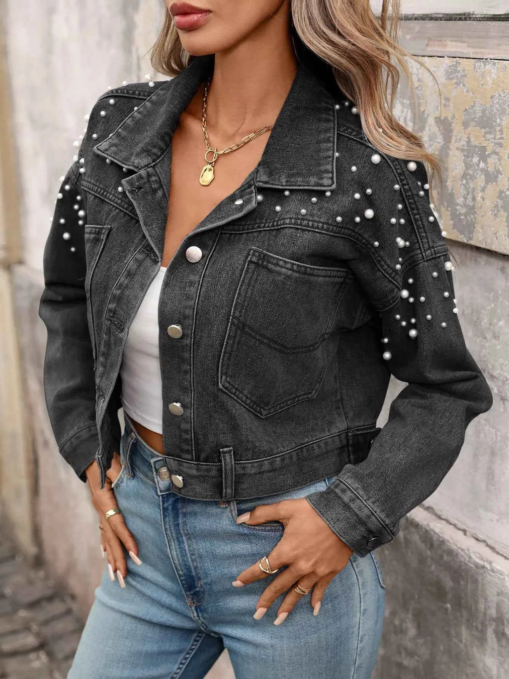 Pearl Embellished Cropped Denim Jacket 887817a89f5442129d5bce31814a2adb-Max-Origin