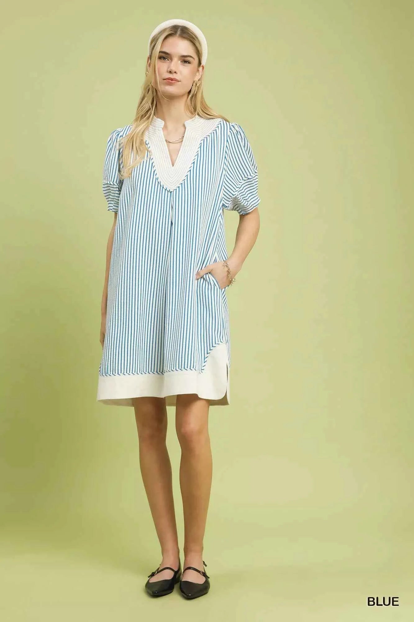 Umgee Pinstripe Shift Dress with Contrast Trim 8879051f-0905-4d63-bd0b-656b42dd709c-Max-Origin