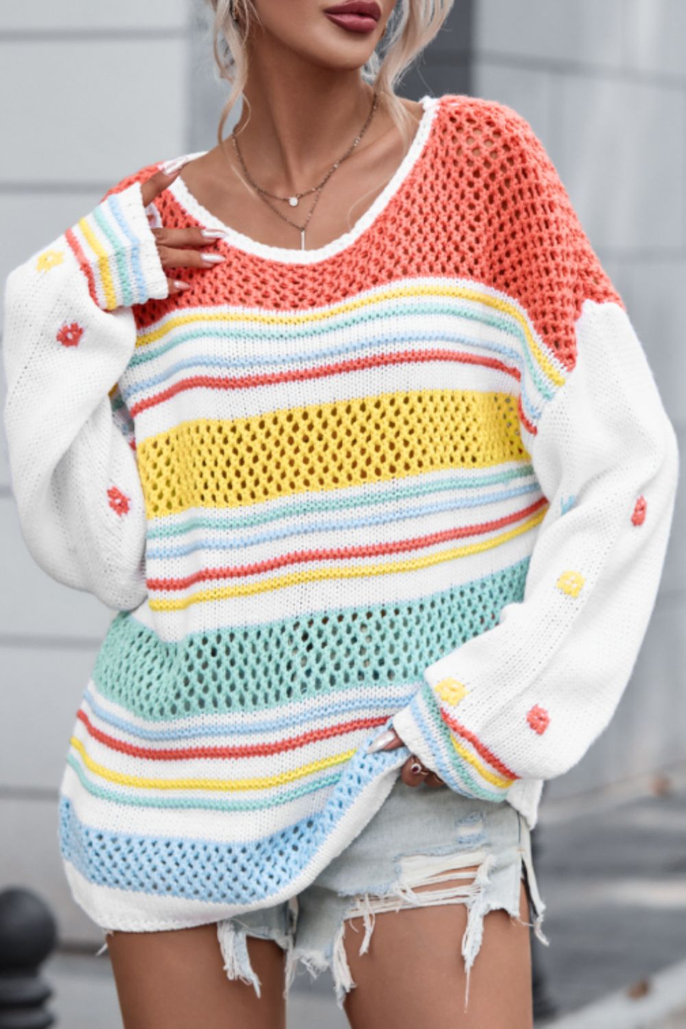 Hollow Striped Color Block Round Neck Sweater