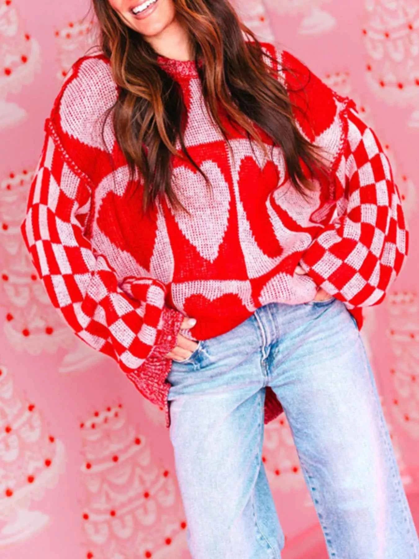 Heart Pattern Checkerboard Knit Sweater 887b7177-d890-4837-b8fa-f2a7ec0cd2da-Max-Origin