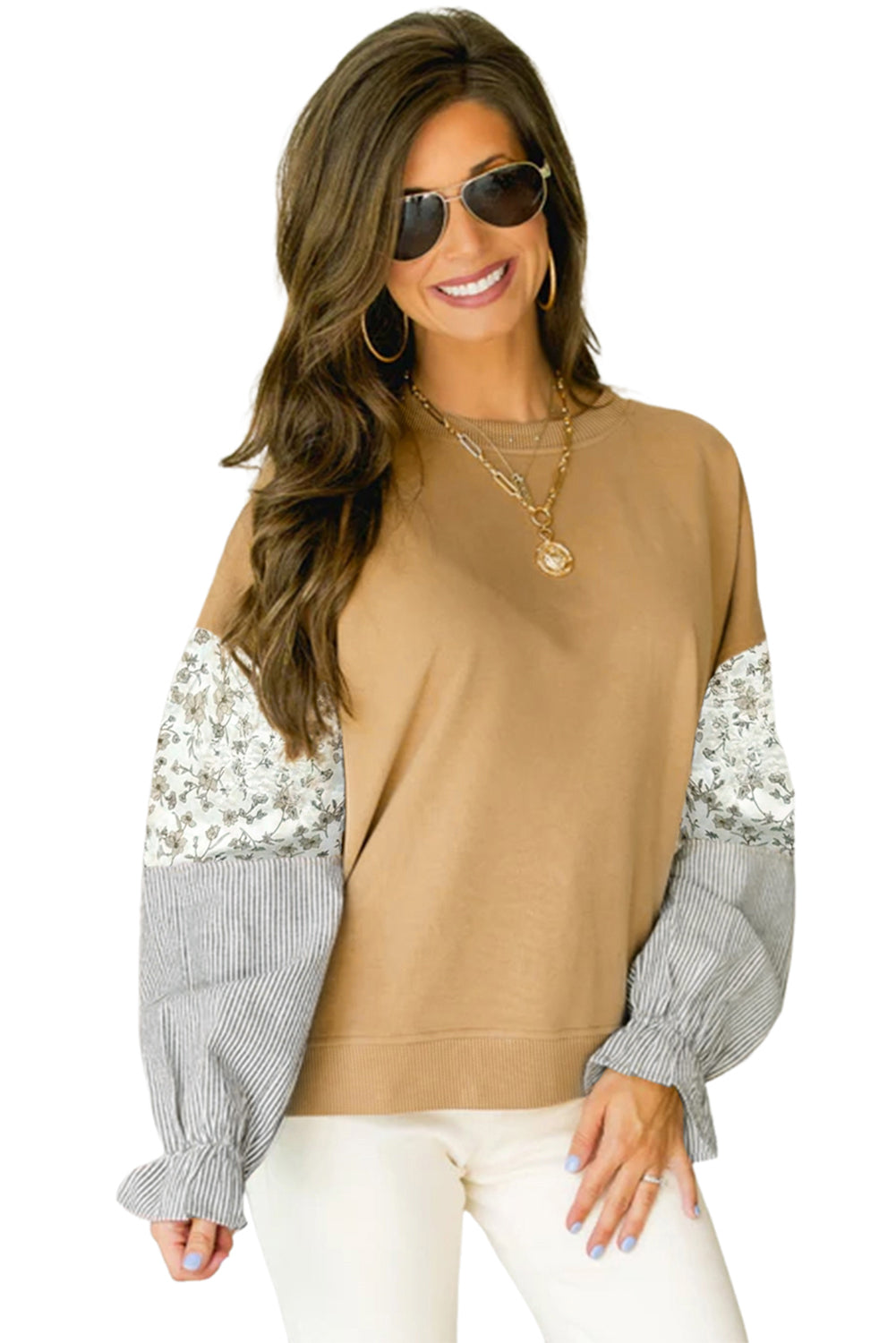 Camel Floral Striped Patchwork Ruffled Sleeve Crew Neck Sweatshirt 887c2c5833442bb1