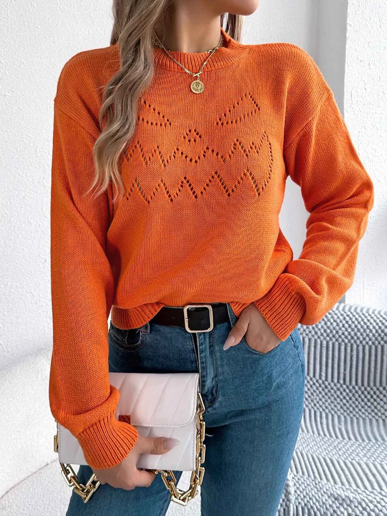 Openwork Round Neck Long Sleeve Sweater 887ebdb6fd5d48fb9f5a13283eed08dc-Max-Origin