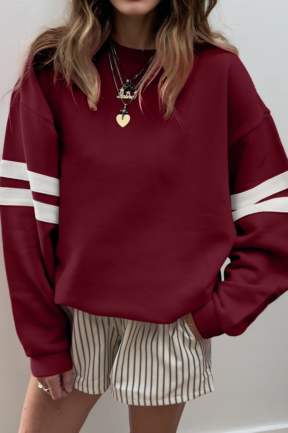 White Preppy Striped Sleeve Loose Sweatshirt 88815611bf04ed3e