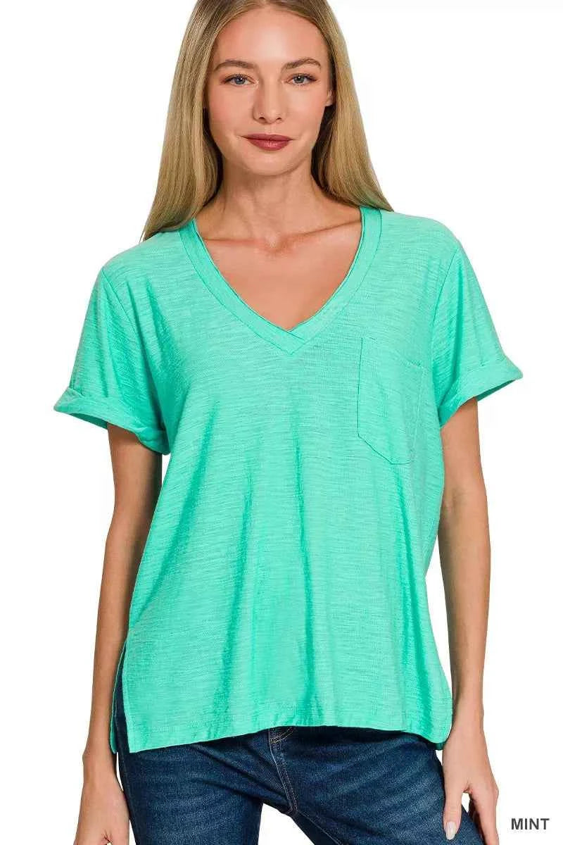 Zenana Slub Rolled Short Sleeve V-Neck Tee MINT 88824576f9db4f4889968b12b661f423-Max-Origin