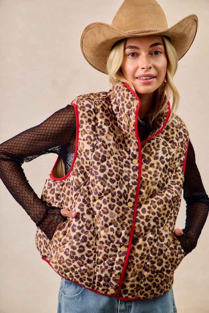 BiBi Leopard Print Piping Detail Quilted Vest LEOPARD RED 888570a8cb5440de88b527b65eea0c93-Max