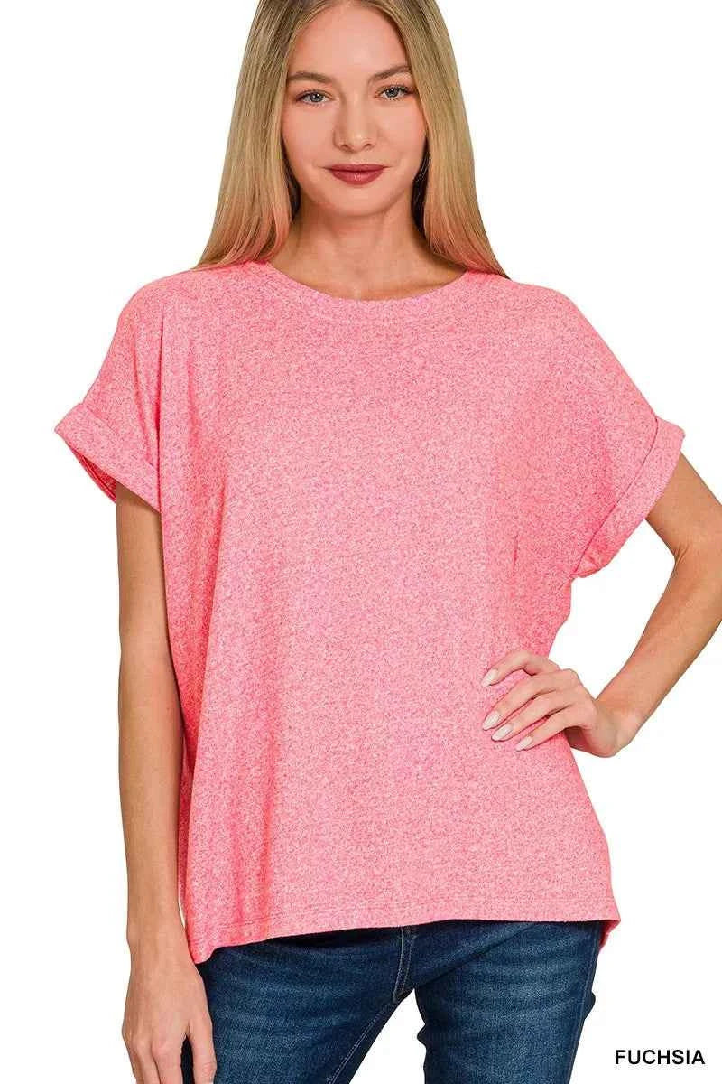 Zenana Soft Melange Hacci Short Sleeve Round Neck Top FUCHSIA 888a898fbc004301baae9daa8809ad54-Max-Origin