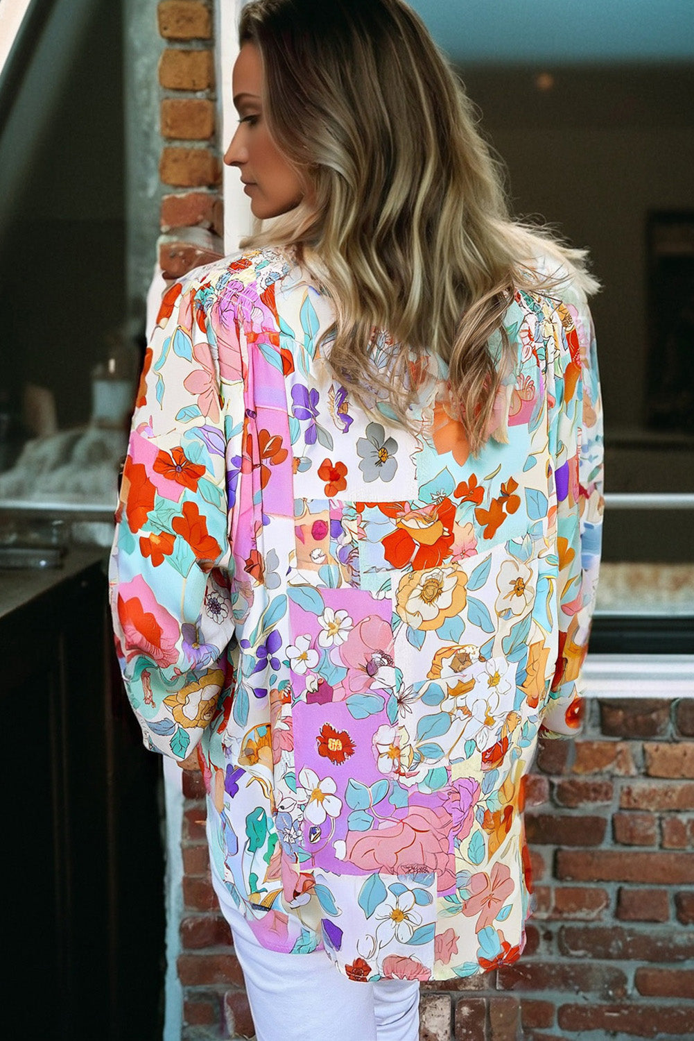 Pink Floral Print Patchwork Frilly Neckline Long Sleeve Shirt 888ad58557c9f035