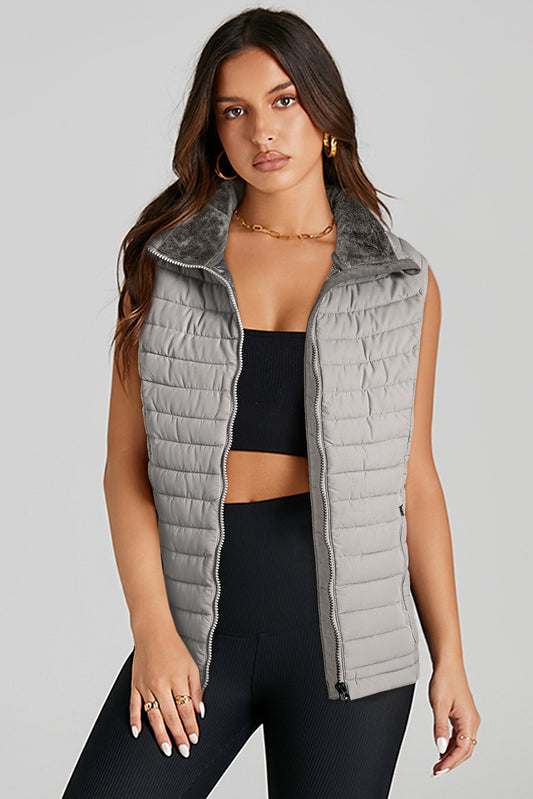 Silvery Plush Collared Quilted Zipped Puffer Vest 8894656f447ef900