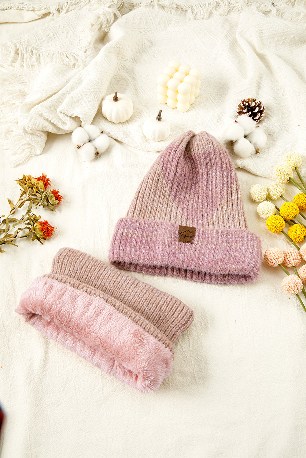 Peach Blossom Winter Beanie Hat and Cozy Sherpa Liner Scarf Set 88972642f67ab977